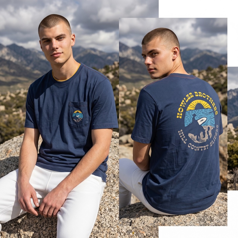 Howler Brothers Hill Country Sliders Graphic Pocket T-Shirt Mens Med Navy‎ Blue